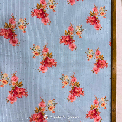 Blue Floral Sequins Embroidered Cotton Fabric