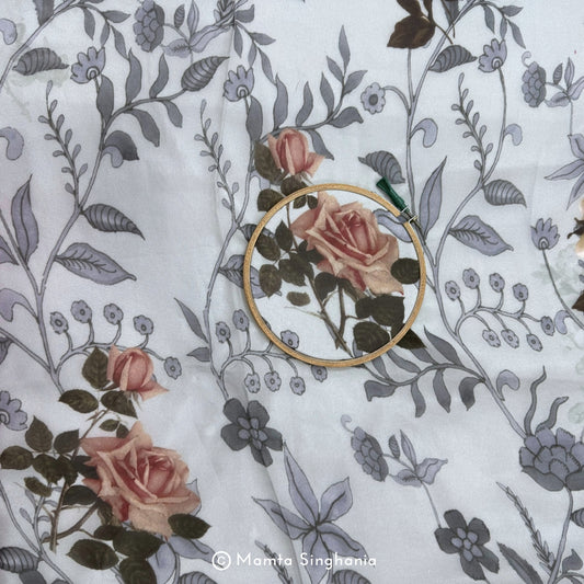 Grey Floral Printed Organza Silk Fabric