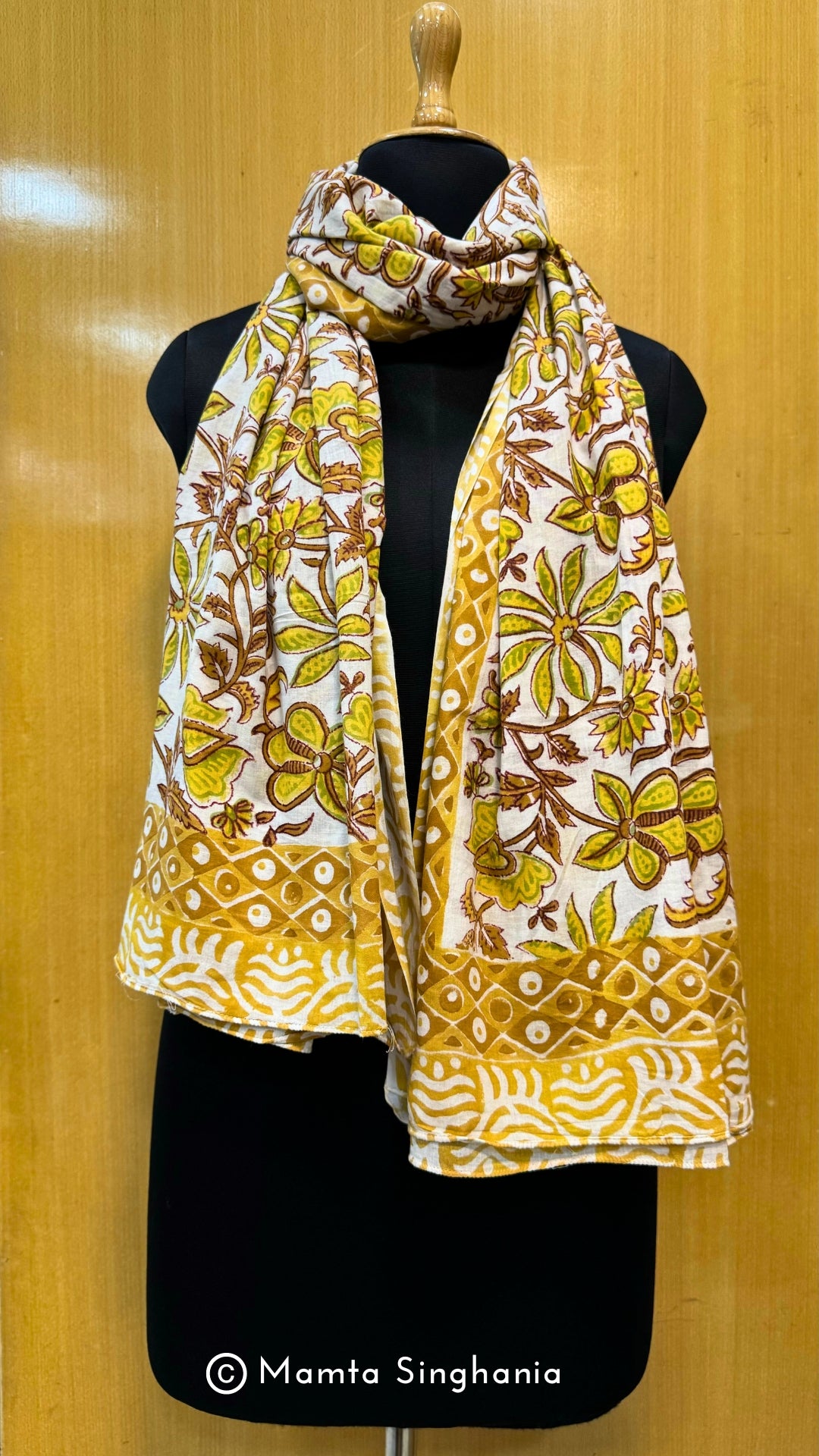 Hand-block Floral Printed Cotton Stole in Yellow Colour