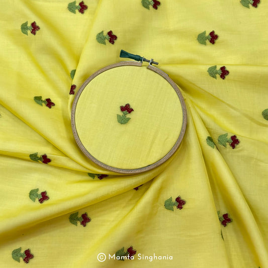 Yellow Floral Embroidered Chanderi Fabric