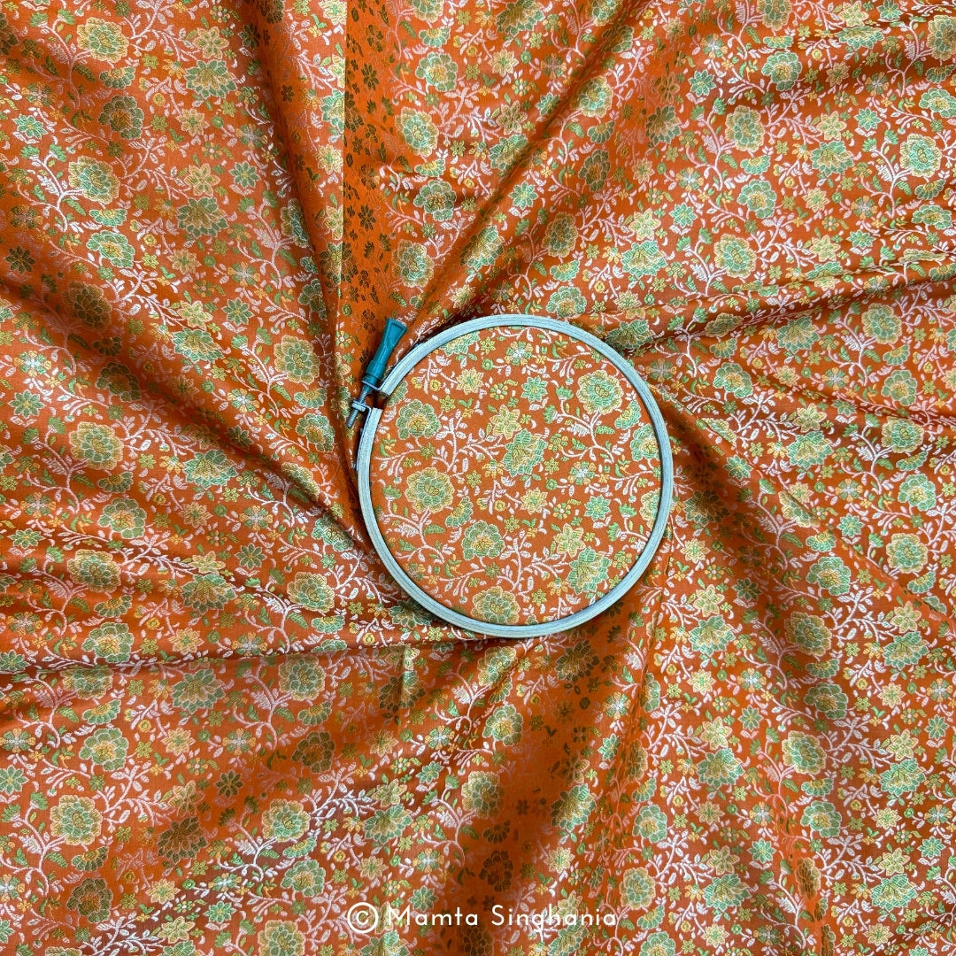 Orange Floral Banarasi Brocade Katan Silk Fabric