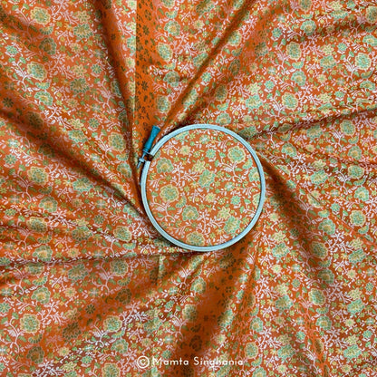 Orange Floral Banarasi Brocade Katan Silk Fabric