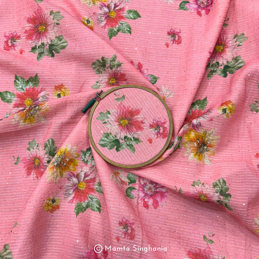 Light Pink Floral Sequins Embroidered Cotton Fabric