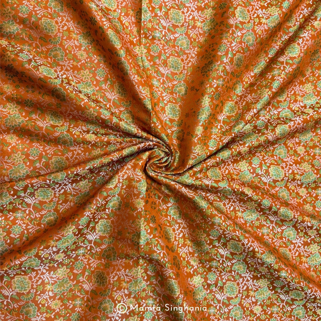 Orange Floral Banarasi Brocade Katan Silk Fabric