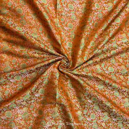 Orange Floral Banarasi Brocade Katan Silk Fabric