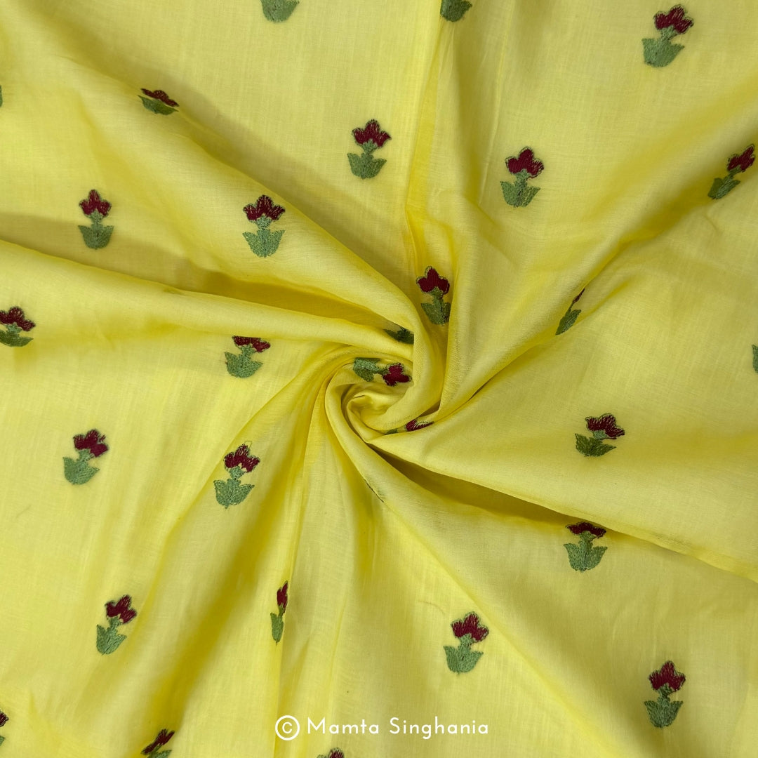 Yellow Floral Embroidered Chanderi Fabric