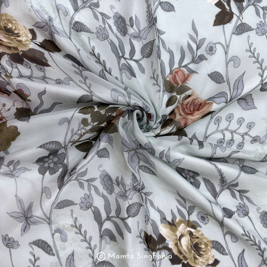 Grey Floral Printed Organza Silk Fabric