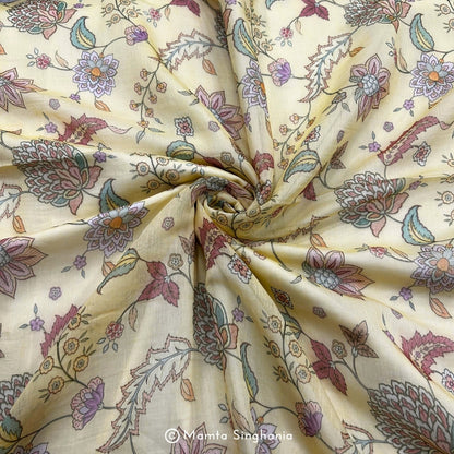 Yellow Floral Pichwai Printed Mul Chanderi Fabric