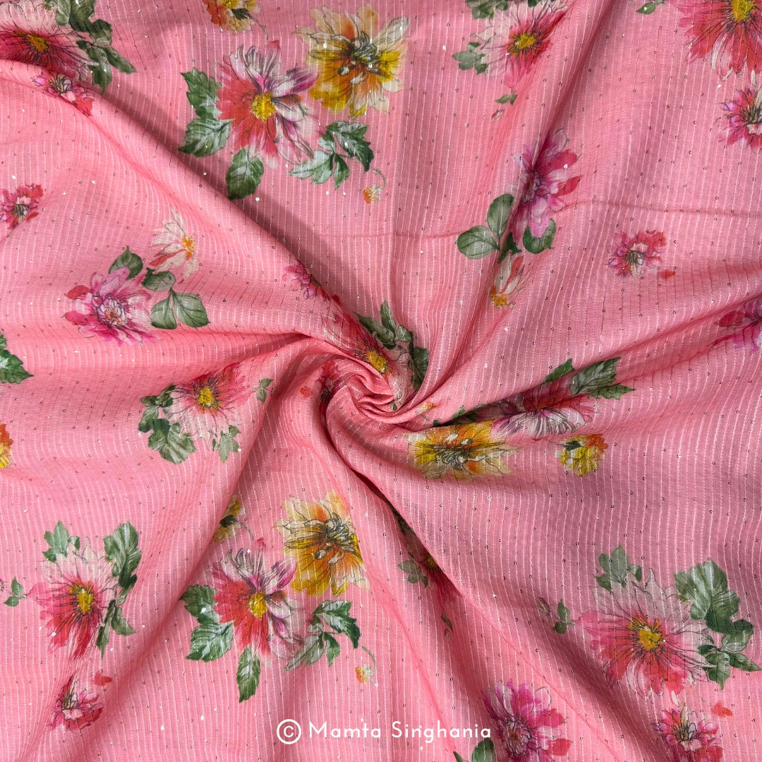 Light Pink Floral Sequins Embroidered Cotton Fabric