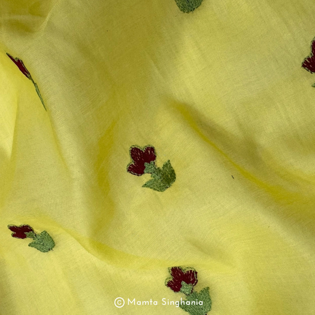 Yellow Floral Embroidered Chanderi Fabric