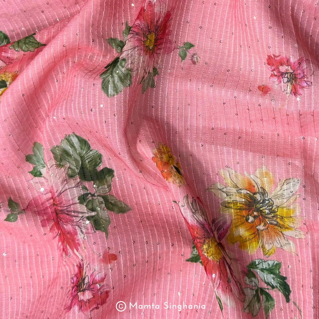 Light Pink Floral Sequins Embroidered Cotton Fabric