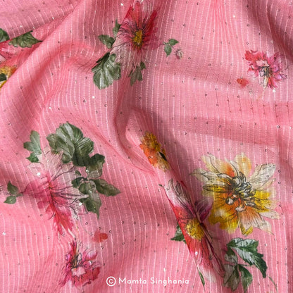 Light Pink Floral Sequins Embroidered Cotton Fabric