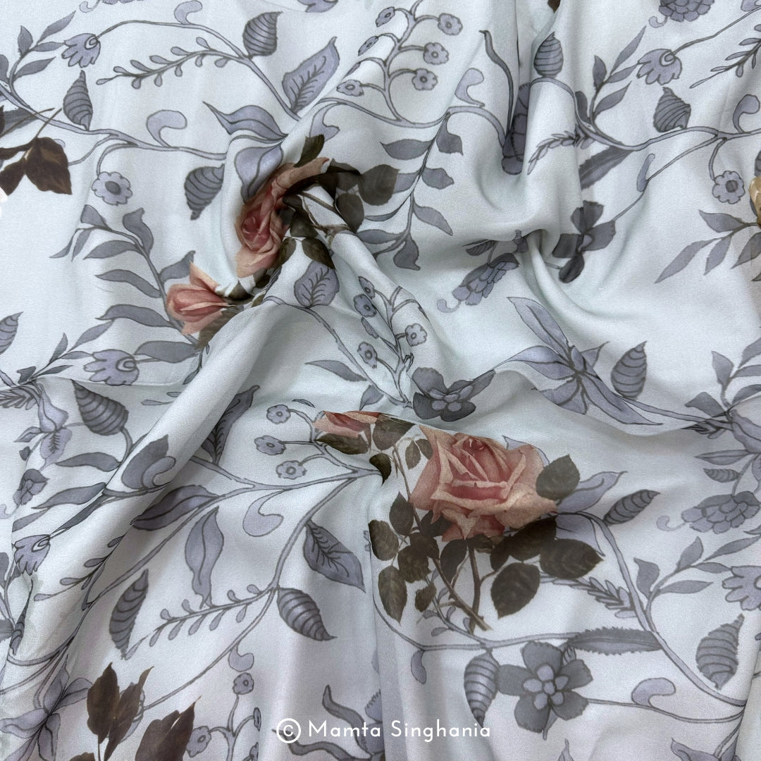 Grey Floral Printed Organza Silk Fabric
