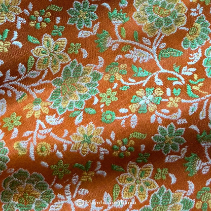 Orange Floral Banarasi Brocade Katan Silk Fabric