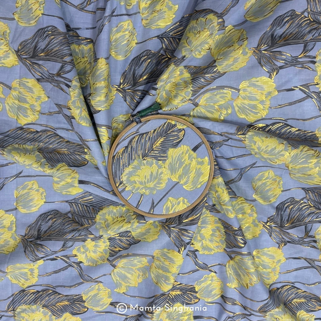 Periwinkle Blue Floral Foil Printed Cotton Fabric