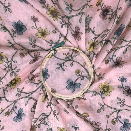 Pink Floral Pichwai Printed Mul Chanderi Fabric