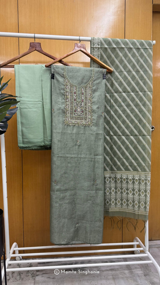 Green Embroidered Jamdani Unstitched Suit Set