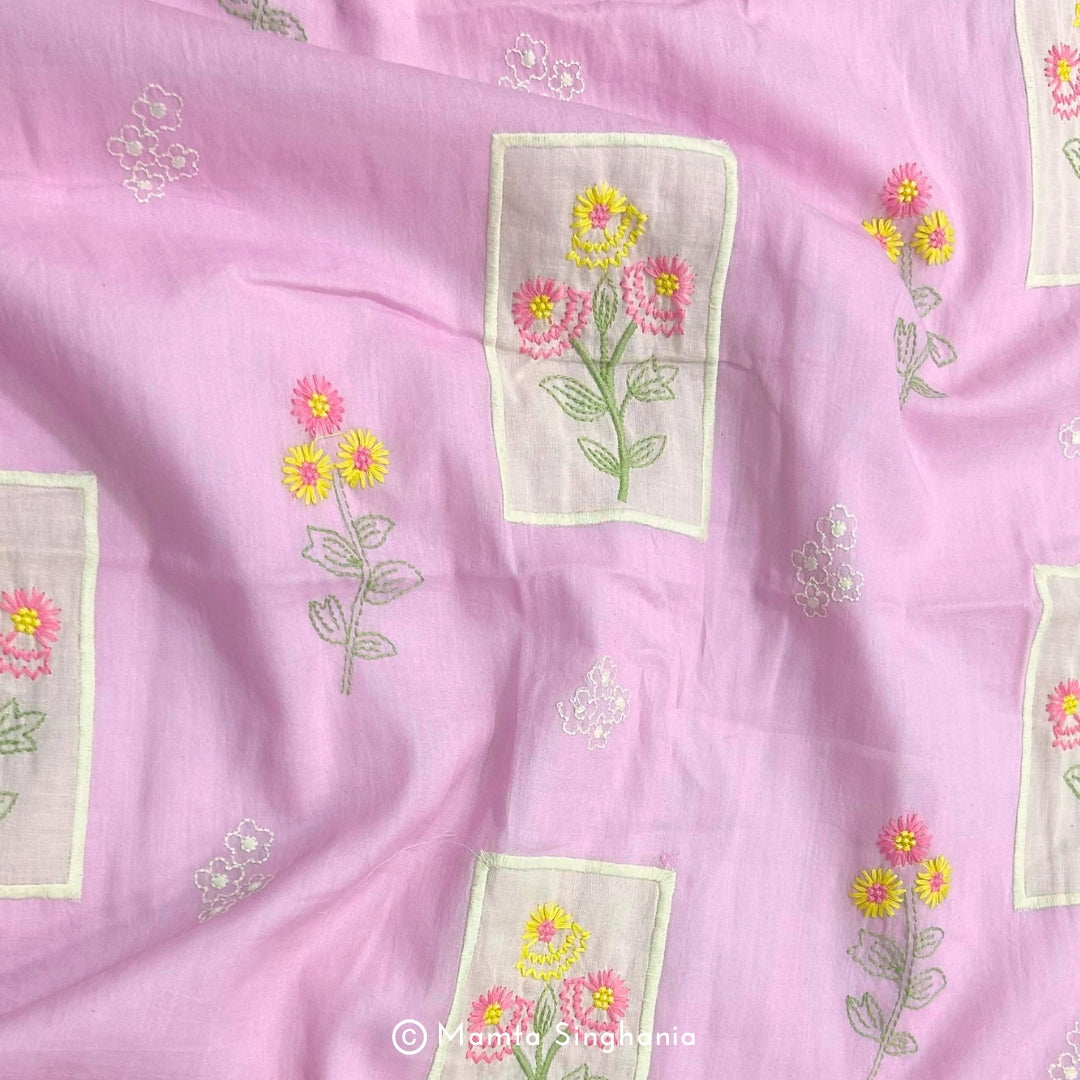 Lavender Floral Embroidered Mul Chanderi Fabric