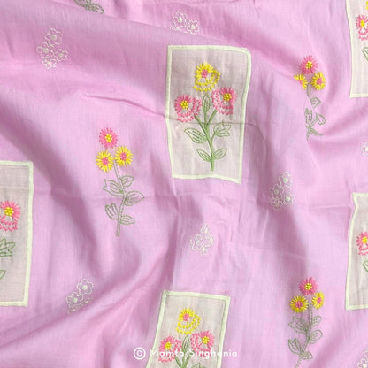 Lavender Floral Embroidered Mul Chanderi Fabric