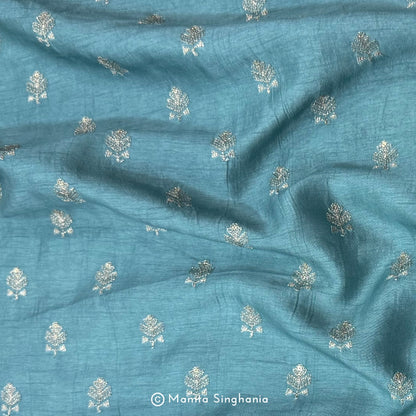 Teal Blue Floral Embroidered Raw Silk Fabric