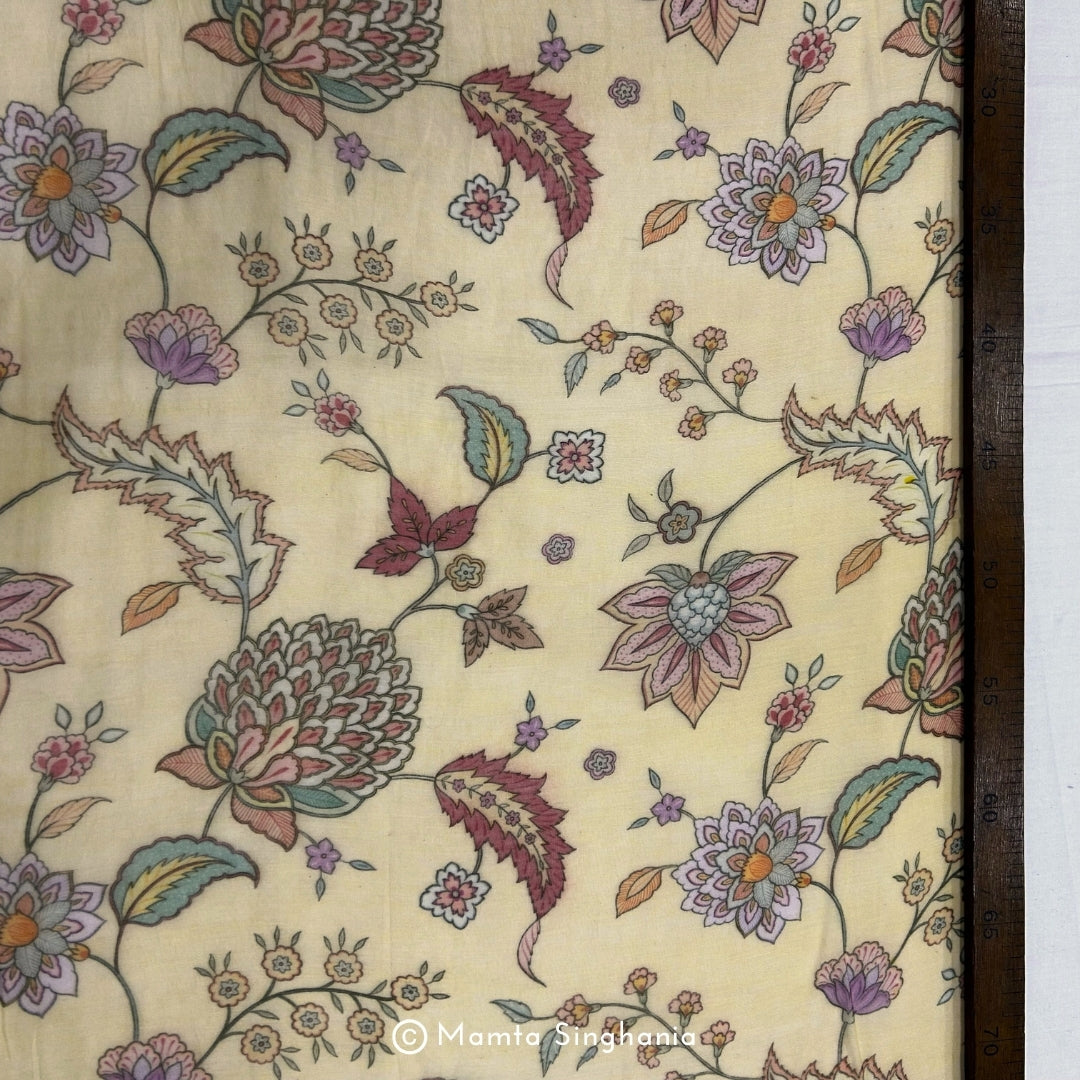 Yellow Floral Pichwai Printed Mul Chanderi Fabric