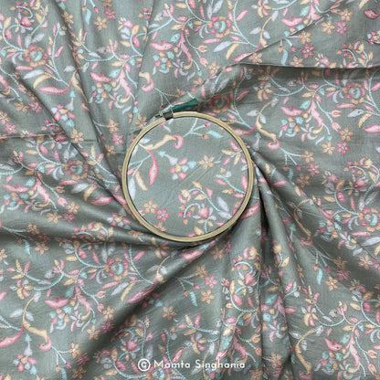 Grey Floral Embroidered Cotton Fabric