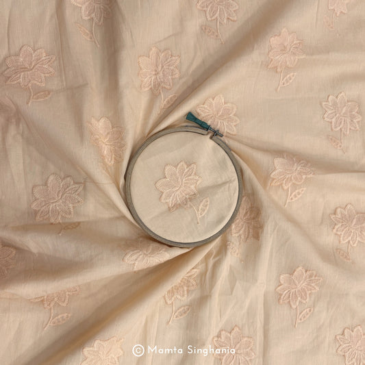 Light Pastel Orange Floral Embroidered Mul Cotton Fabric