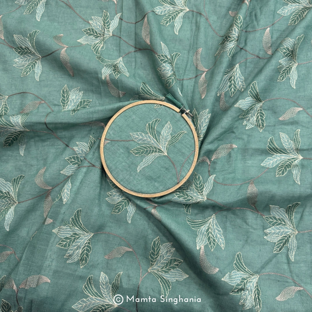 Coral Green Floral Embroidered Linen Fabric