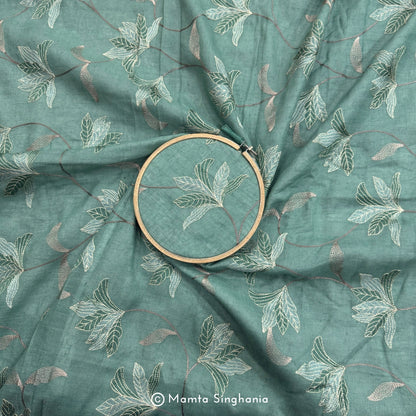 Coral Green Floral Embroidered Linen Fabric