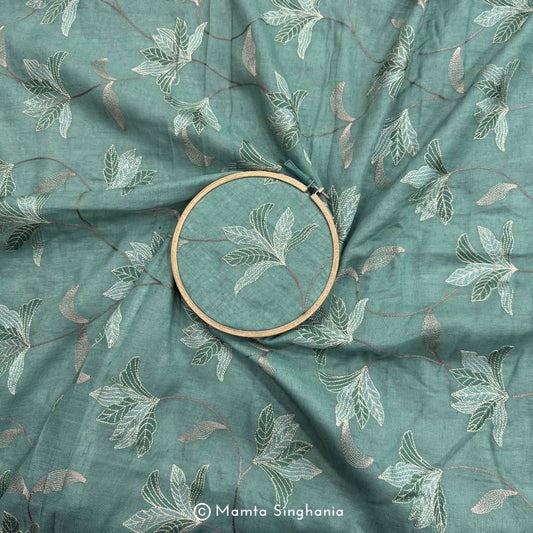 Coral Green Floral Embroidered Linen Fabric