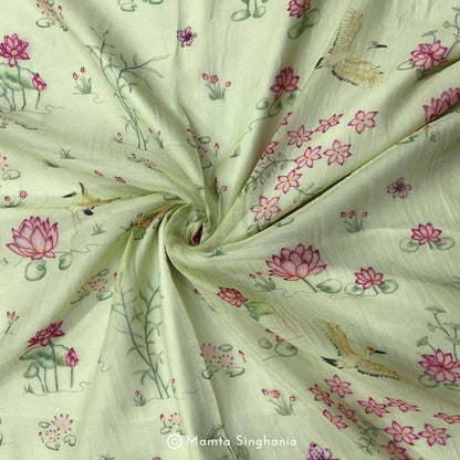 Green Floral Pichwai Printed Mul Chanderi Fabric
