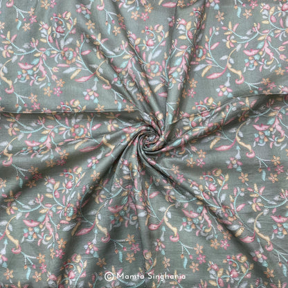 Grey Floral Embroidered Cotton Fabric