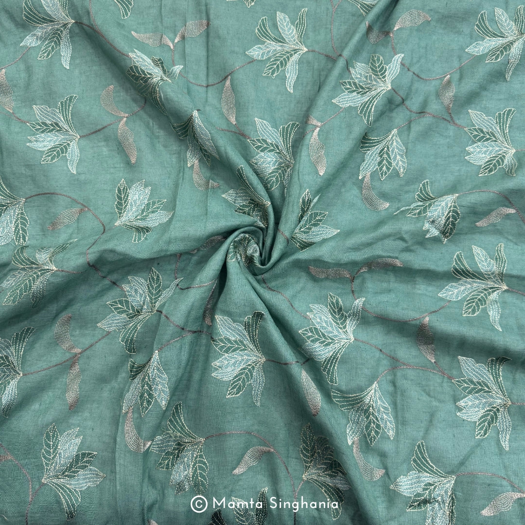 Coral Green Floral Embroidered Linen Fabric