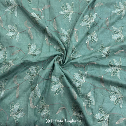 Coral Green Floral Embroidered Linen Fabric