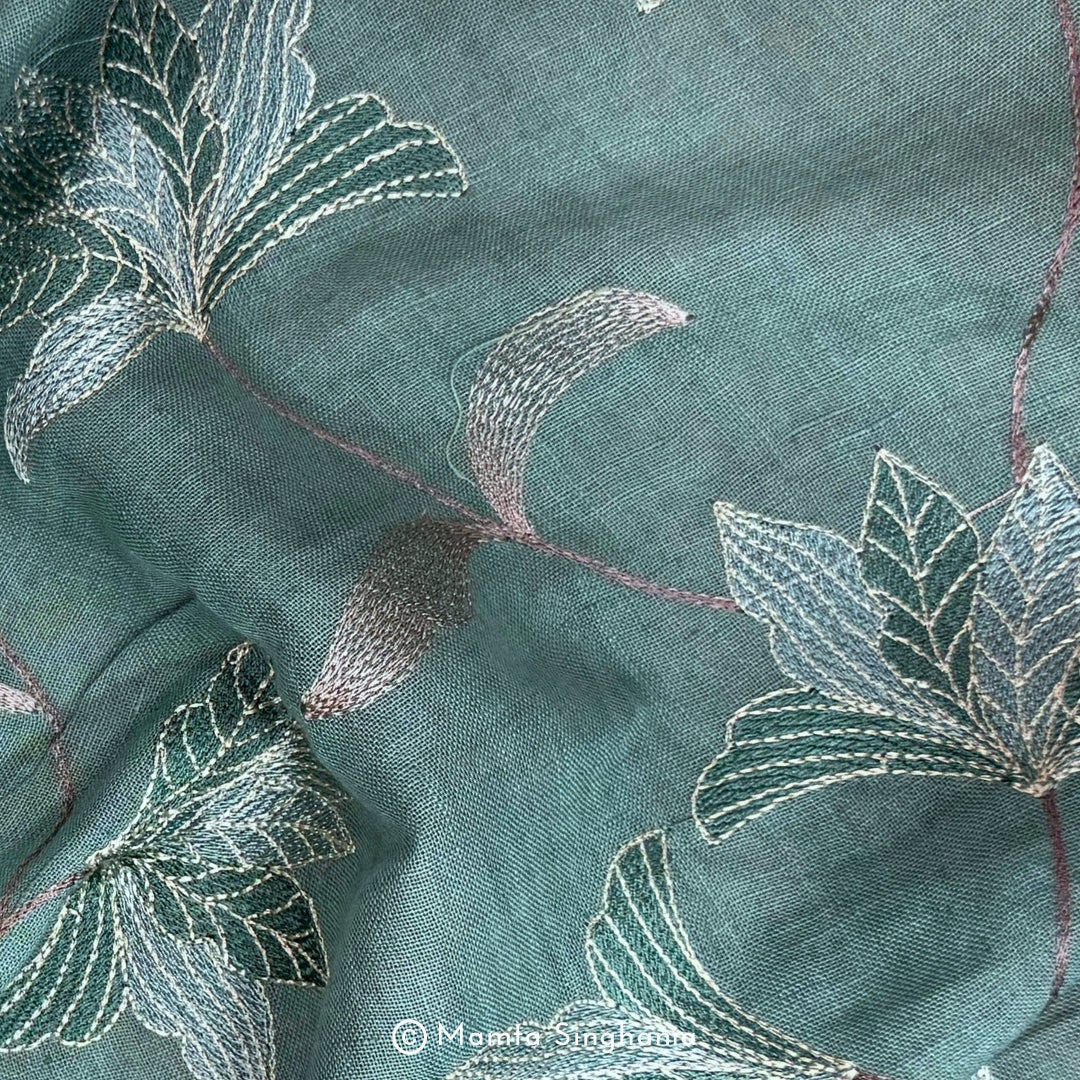 Coral Green Floral Embroidered Linen Fabric