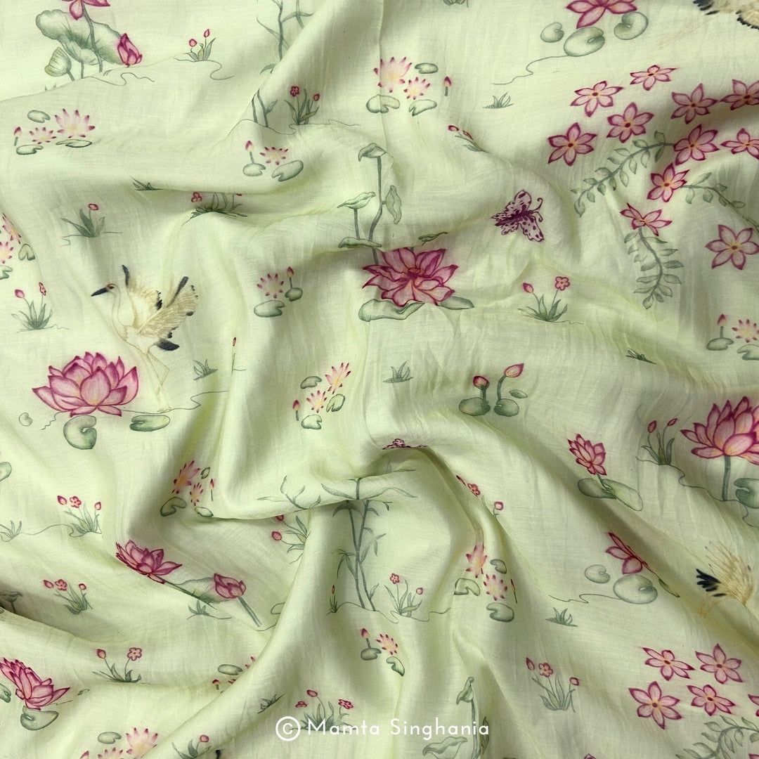 Green Floral Pichwai Printed Mul Chanderi Fabric