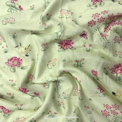 Green Floral Pichwai Printed Mul Chanderi Fabric