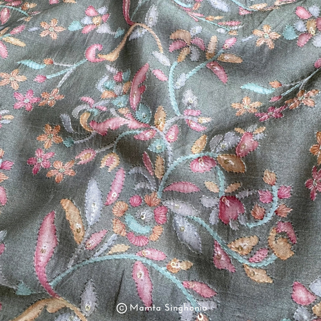 Grey Floral Embroidered Cotton Fabric