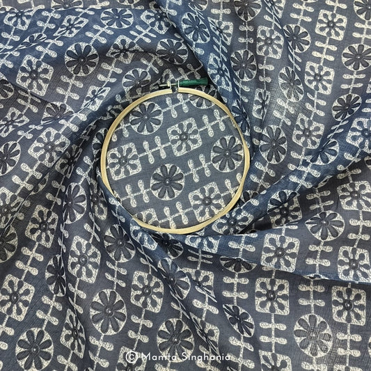 Blue Floral Printed Kota Doria Fabric