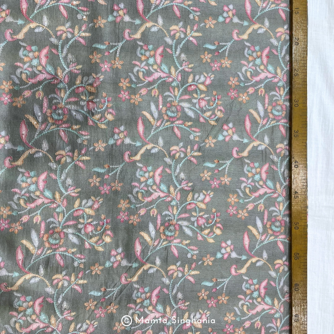 Grey Floral Embroidered Cotton Fabric
