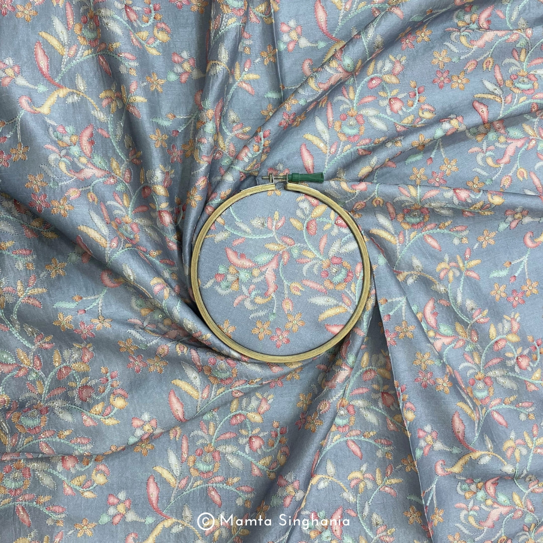 Steel Blue Floral Embroidered Cotton Fabric