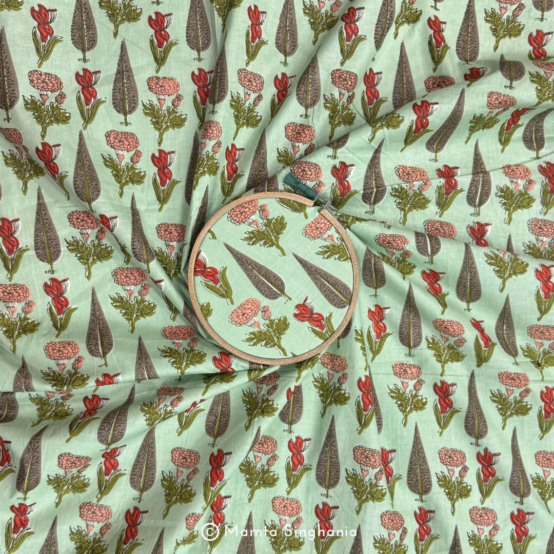 Green Floral Printed Cotton Fabric