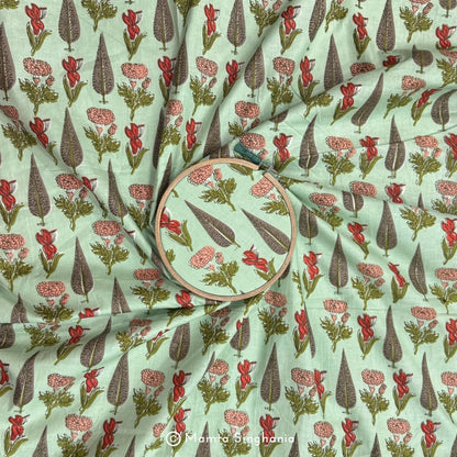 Green Floral Printed Cotton Fabric