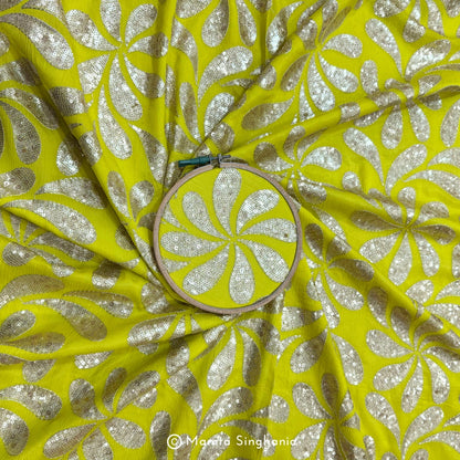 Yellow Leaf Embroidered Chiffon Fabric