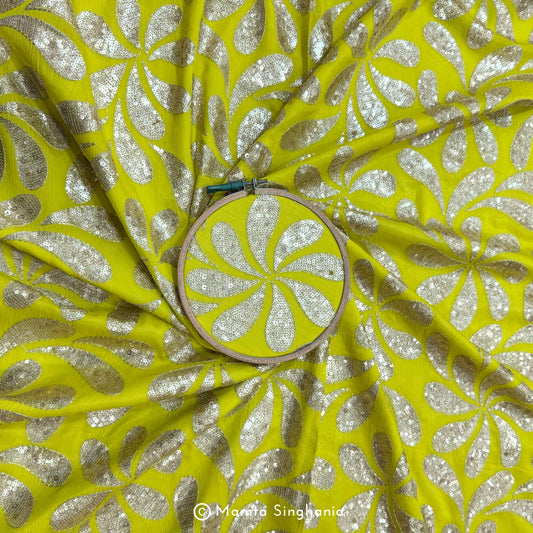 Yellow Leaf Embroidered Chiffon Fabric