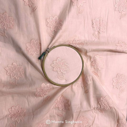 Light Pastel Pink Floral Embroidered Mul Cotton Fabric