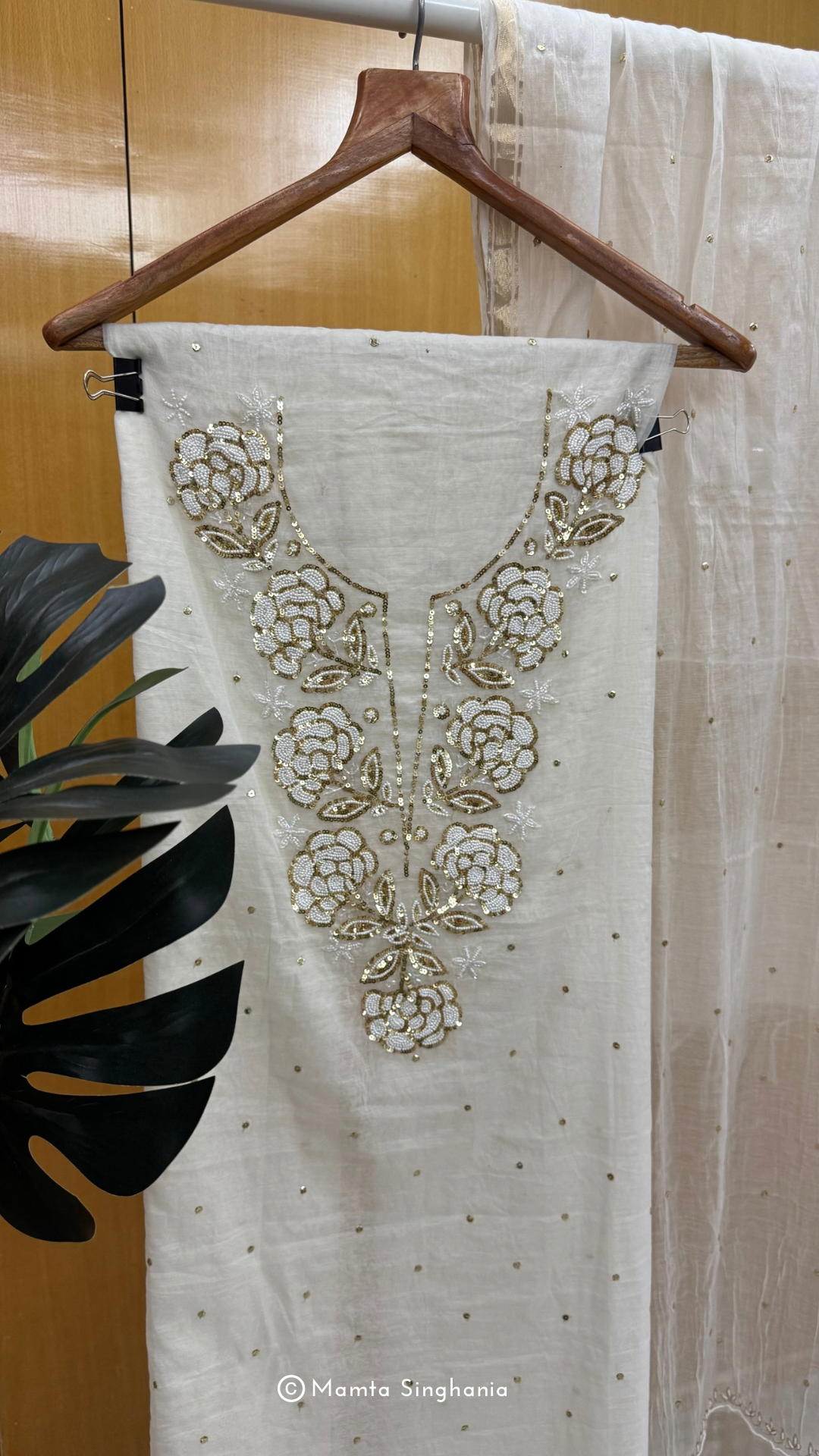 White Unstitched Mul Chanderi Moti Work Suit Set