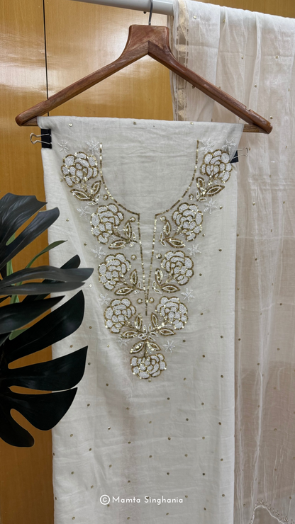 White Unstitched Mul Chanderi Moti Work Suit Set