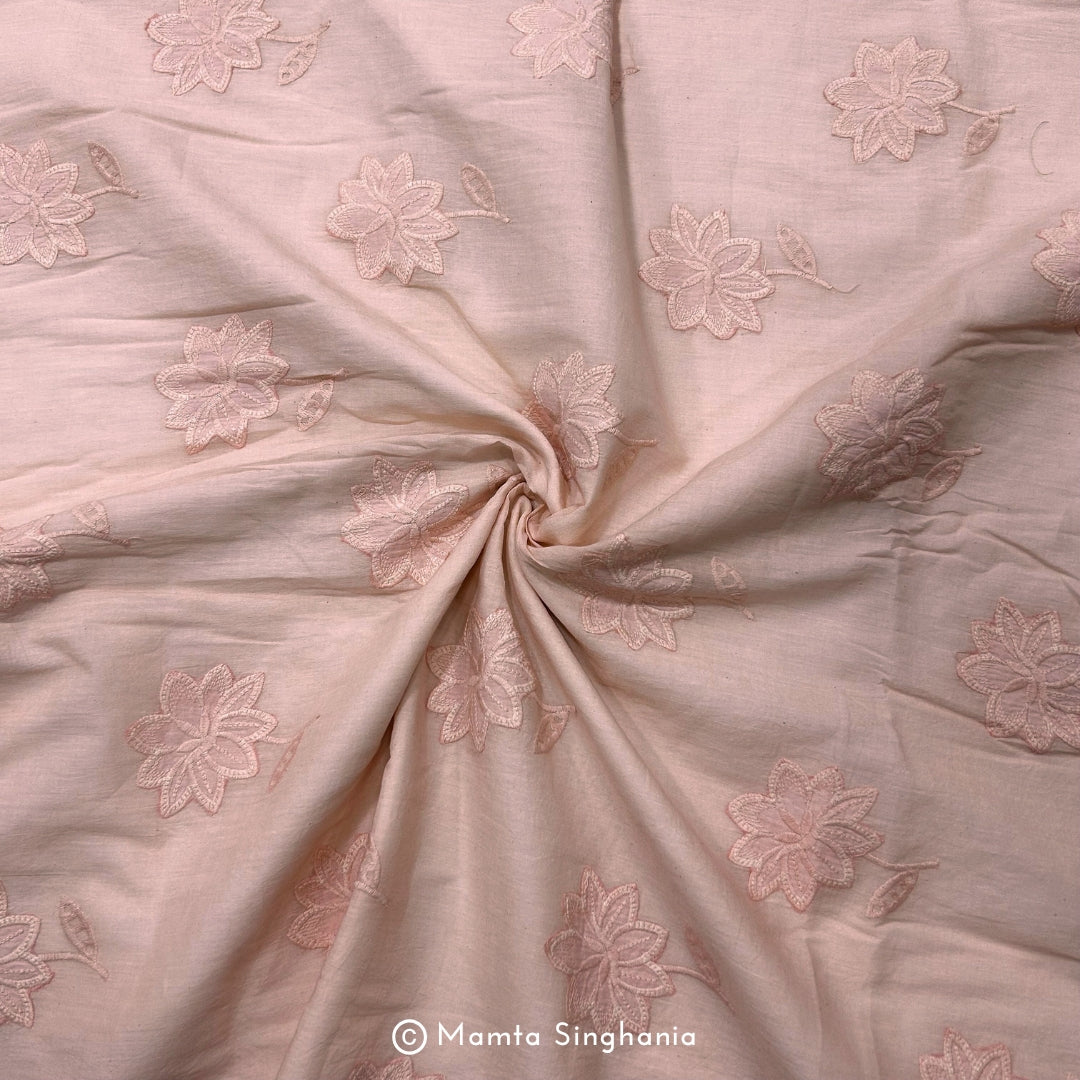 Light Pastel Pink Floral Embroidered Mul Cotton Fabric