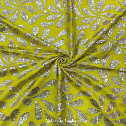 Yellow Leaf Embroidered Chiffon Fabric